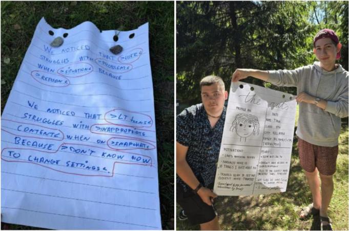 paper with notes, two people